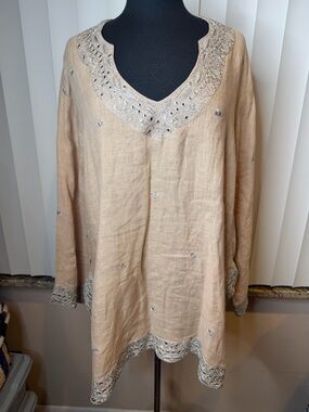 Flora Bella Embroidered Cream 100% Linen Long-Sleeve Beaded Tunic Size Large